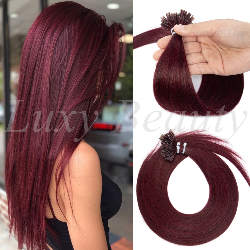 Pure Beauty Hair & Makeup - ナチュラルバーガンディUチップヘアエクステンション人毛ケラチンネイルチップホットフュージョンヘアエクステンション女性用99Jプレボンドヘア50本
