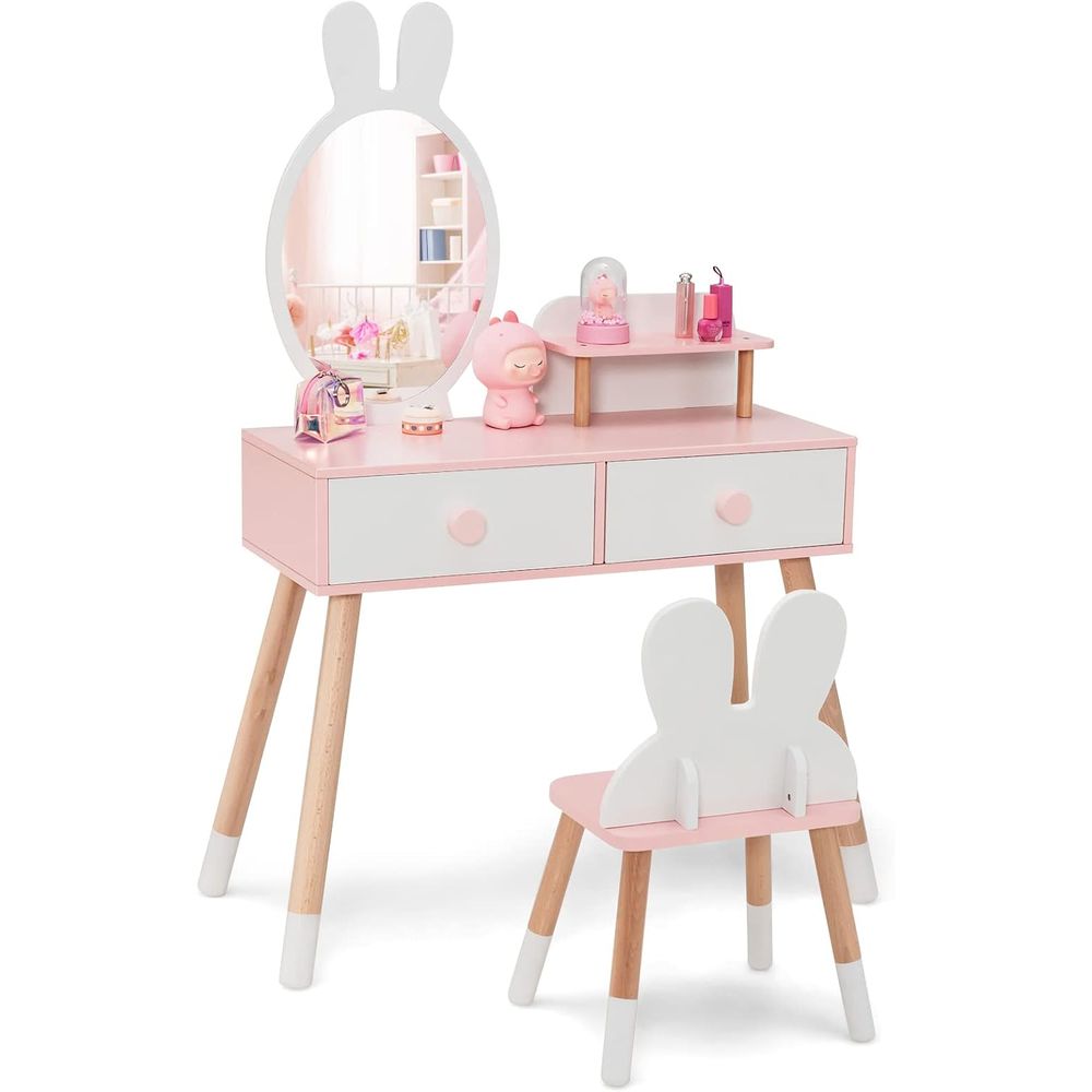 Beauty Makeup For Kids - EY キッズバニティ、ウサギをテーマにした幼児用木製メイクアップテーブルと椅子セット、大きな引き出し2つ付き、木製脚、プリンスドリングビューティーテーブル、G