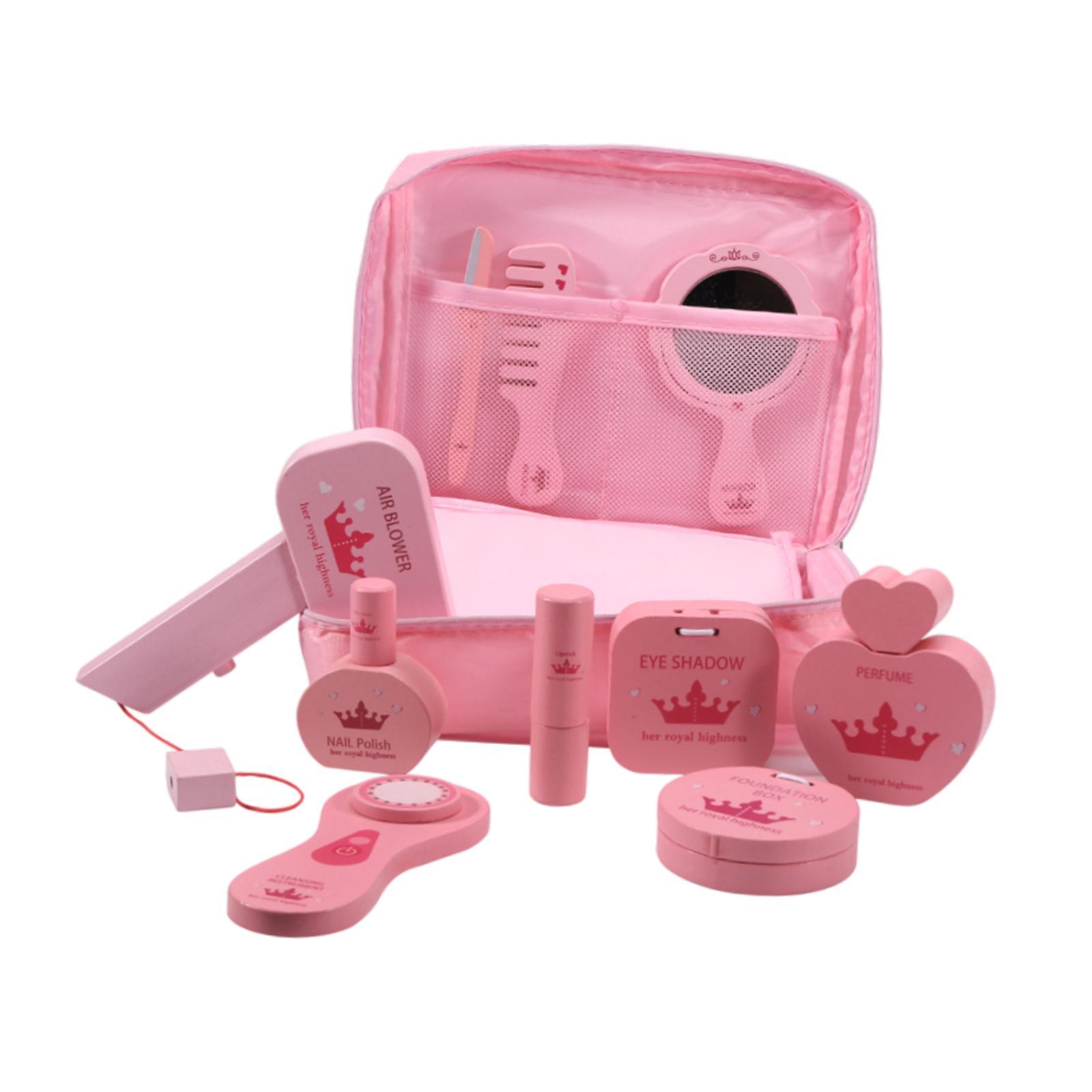 Beauty Makeup For Kids - 10個入りごっこ遊びメイクアップキット木製ビューティーサロンおもちゃセット収納バッグ付き、微細運動能力向上、おしゃれなプリンセスドレスアップ、小さな女の子向け