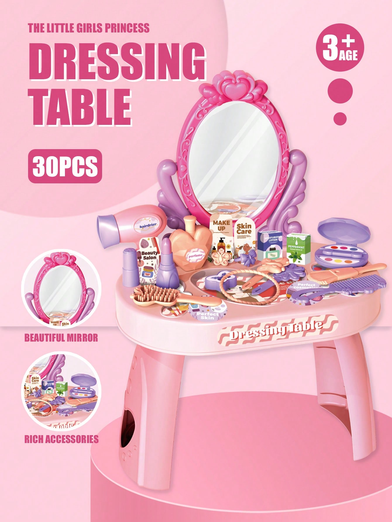Beauty Makeup For Kids - 子供用プリンセスドレッシングテーブルおもちゃセット、鏡と30個のメイクアップアクセサリー付き、ごっこ遊びヘアドライヤー化粧品キット、女の子へのプレゼント