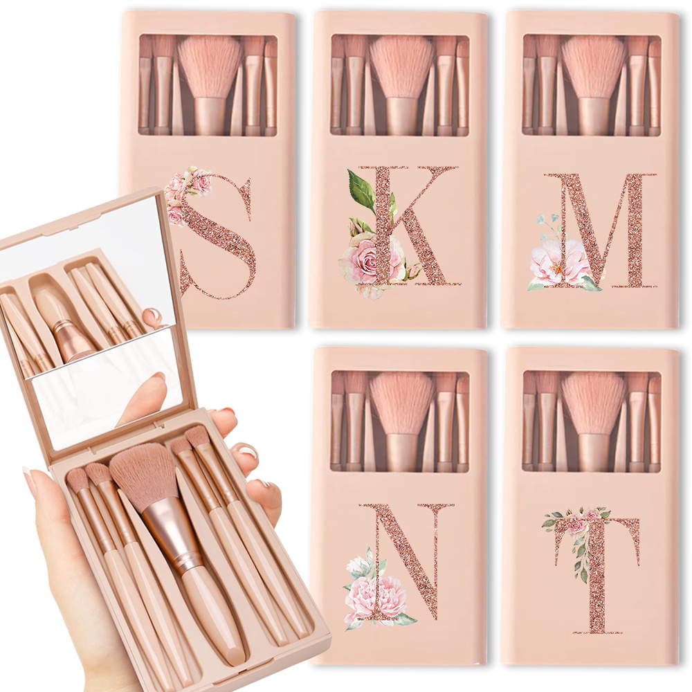Makeup Beauty Set - 5 個の化粧ブラシキットミラーとケース付き折りたたみボックス収納化粧ブラシセットポータブル美容ツールローズゴールド文字パターン