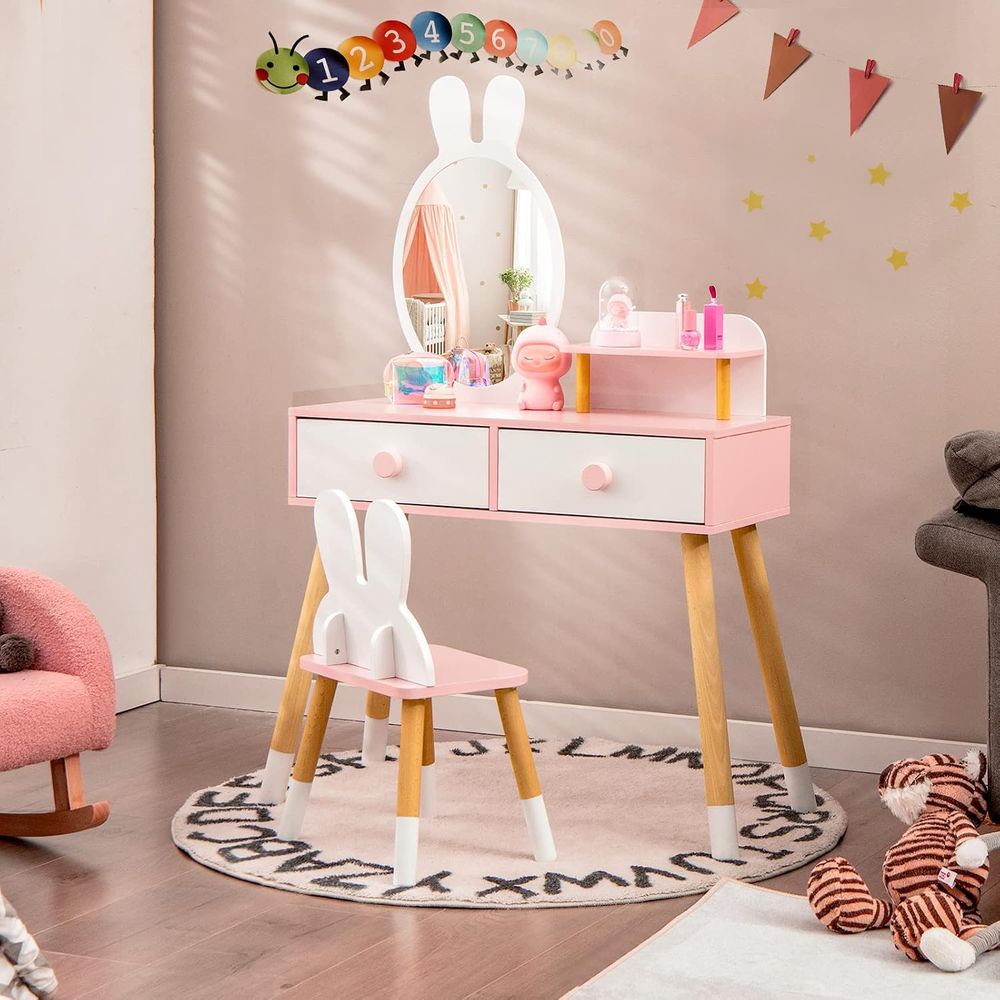EY キッズバニティ、ウサギをテーマにした幼児用木製メイクア - Beauty Makeup For Kids のレビューと価格